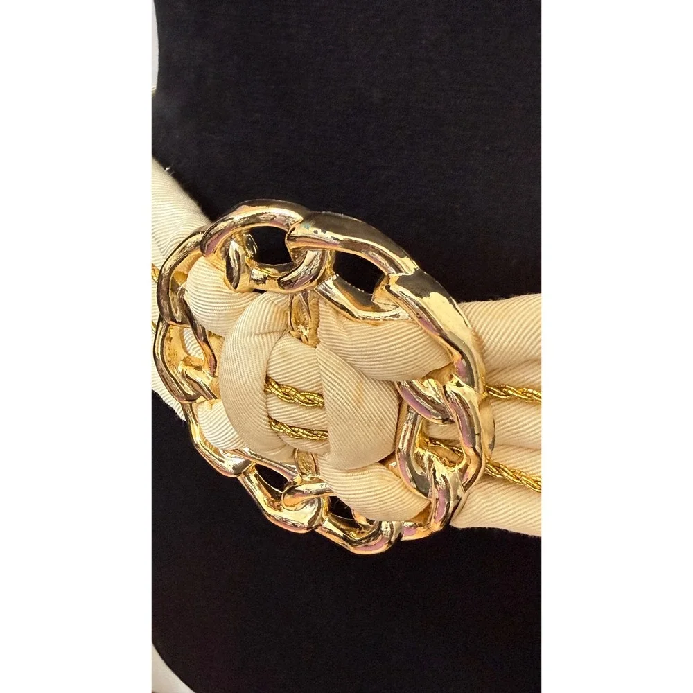 Vintage Cream Fabric Gold Buckle Elastic Cinch Waist Belt‎ Taiwan
